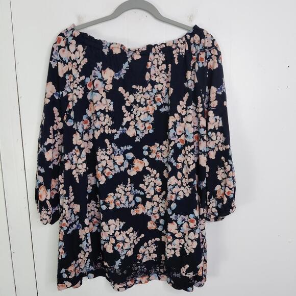 J Jill Top Womens 4X Floral Stretch Casual Weekend Elastic Neck Navy Pink - Picture 2 of 9